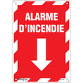 "Alarme D'Incendie" Arrow Sign, 10" x 7", Plastic, French with Pictogram