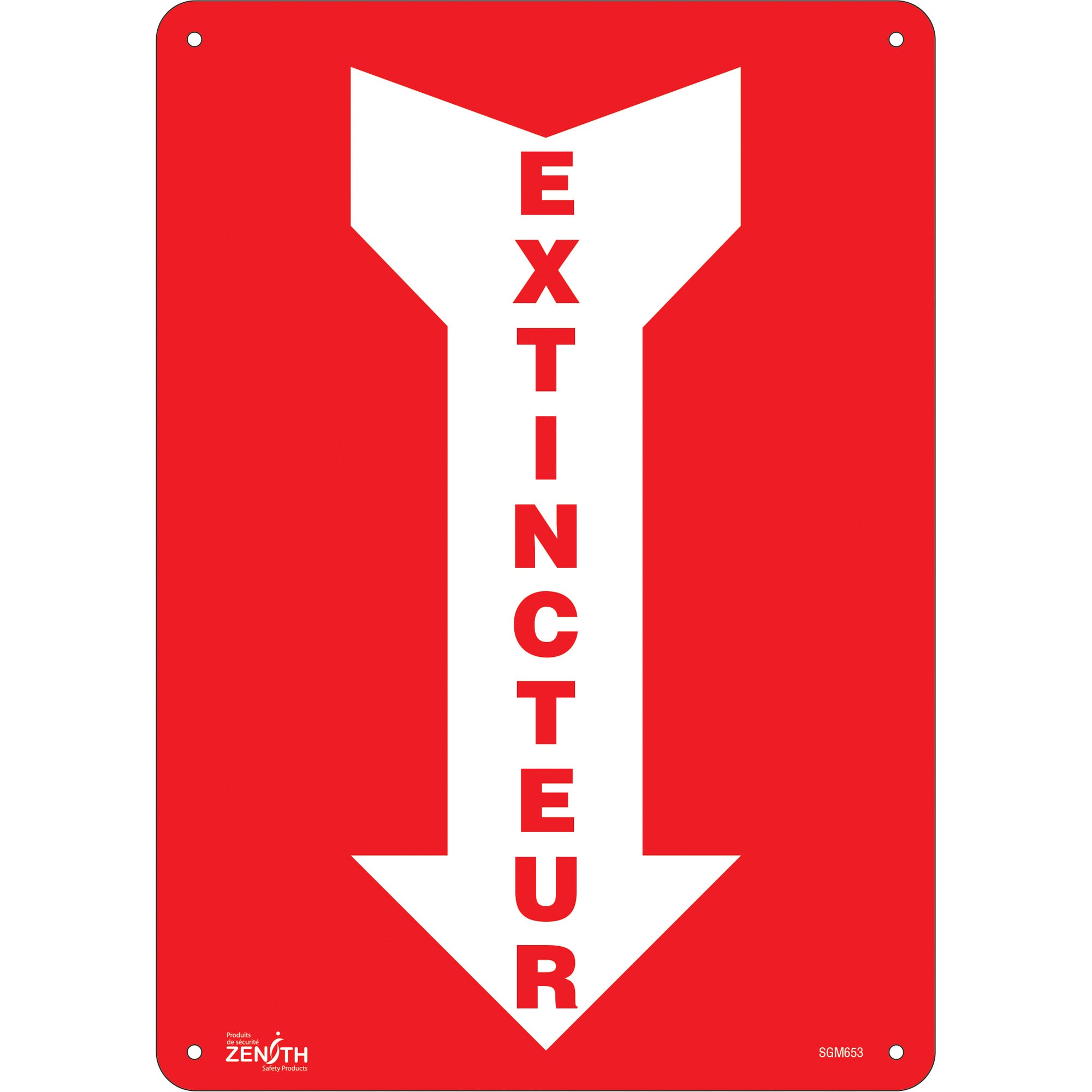 "Extincteur" Arrow Sign, 14" x 10", Plastic, French with Pictogram