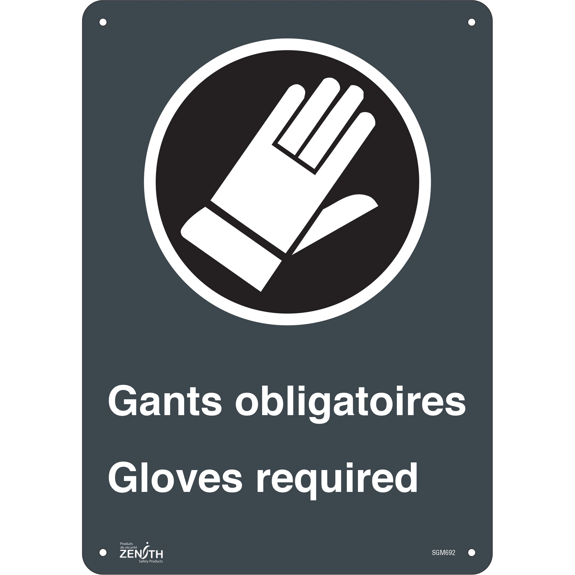 "Gant Obligatoires - Gloves Required" Sign, 14" x 10", Plastic, Bilingual with Pictogram