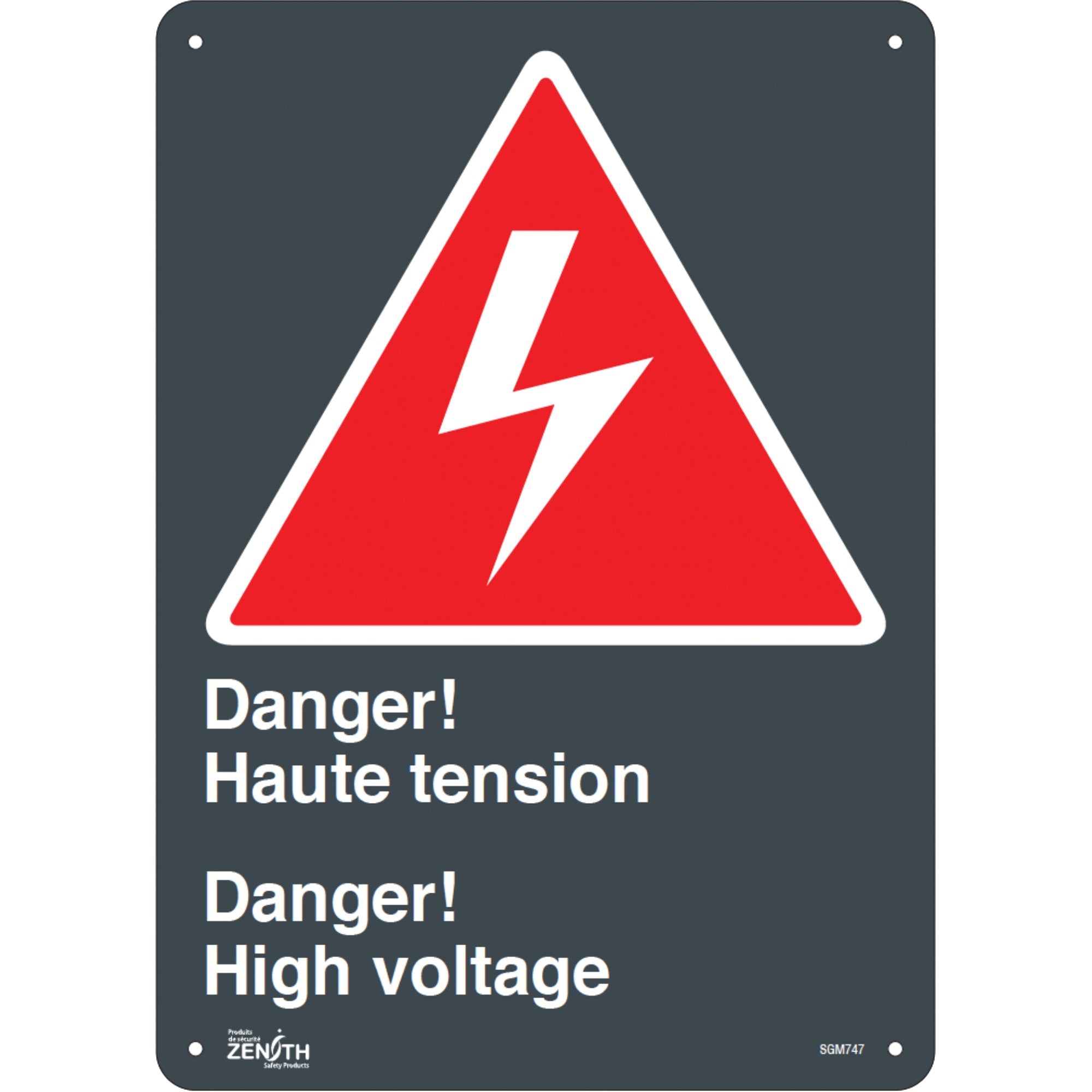 "Haute Tension/High Voltage" Sign, 14" x 10", Aluminum, Bilingual with Pictogram