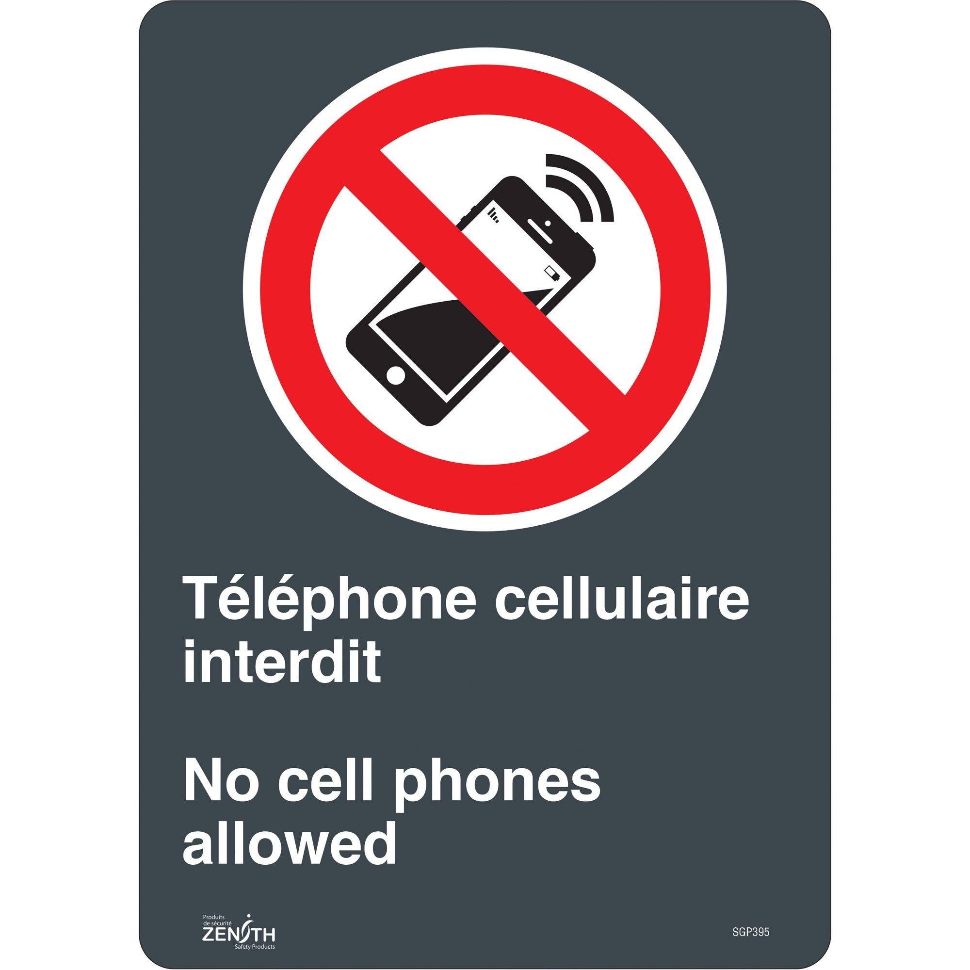 "Téléphone cellulaire interdit /No Cell Phones" Sign, 14" x 10", Vinyl, Bilingual with Pictogram