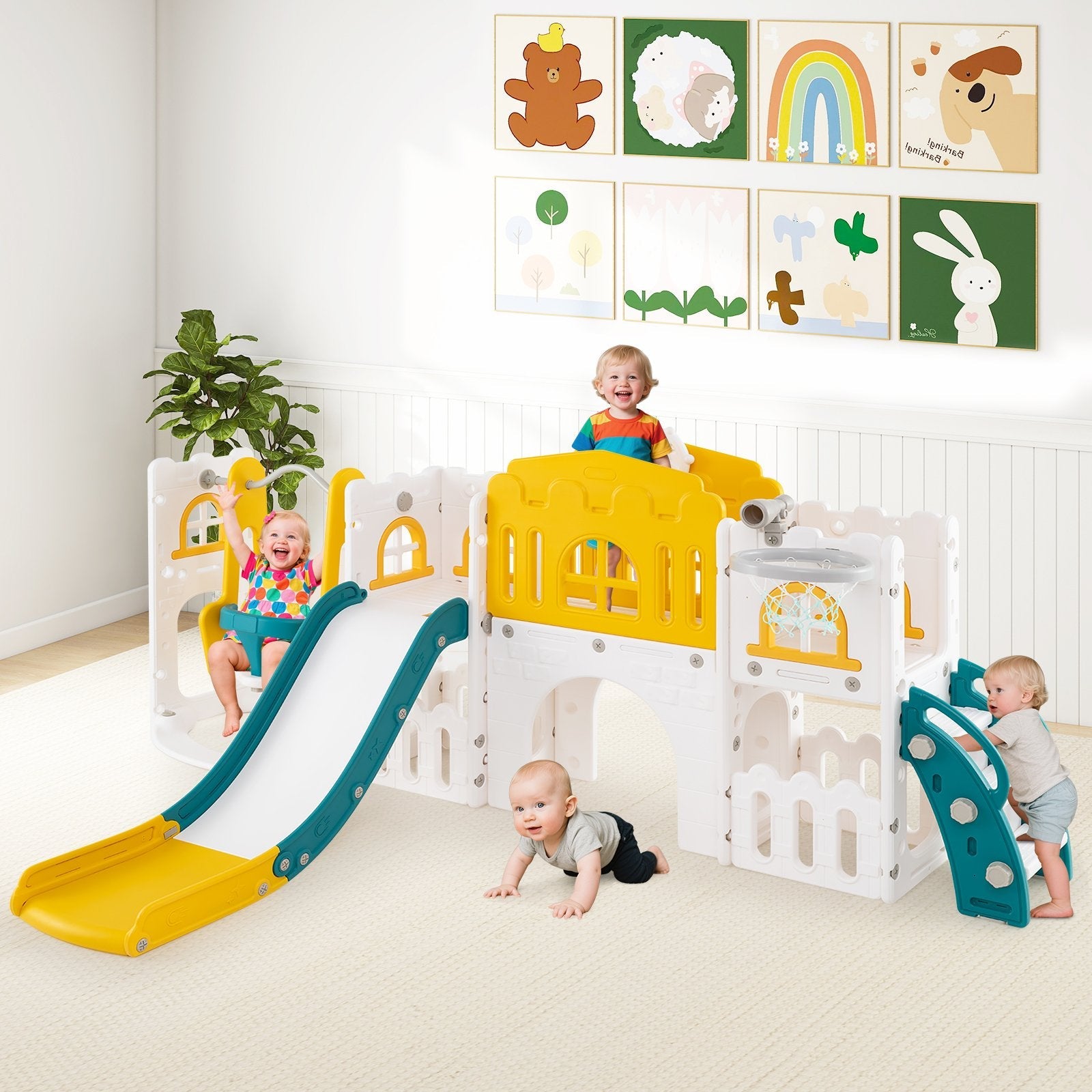 10-in-1 Toddler Swing and Slide Set Climber Playset with Basketball Hoop-Pink