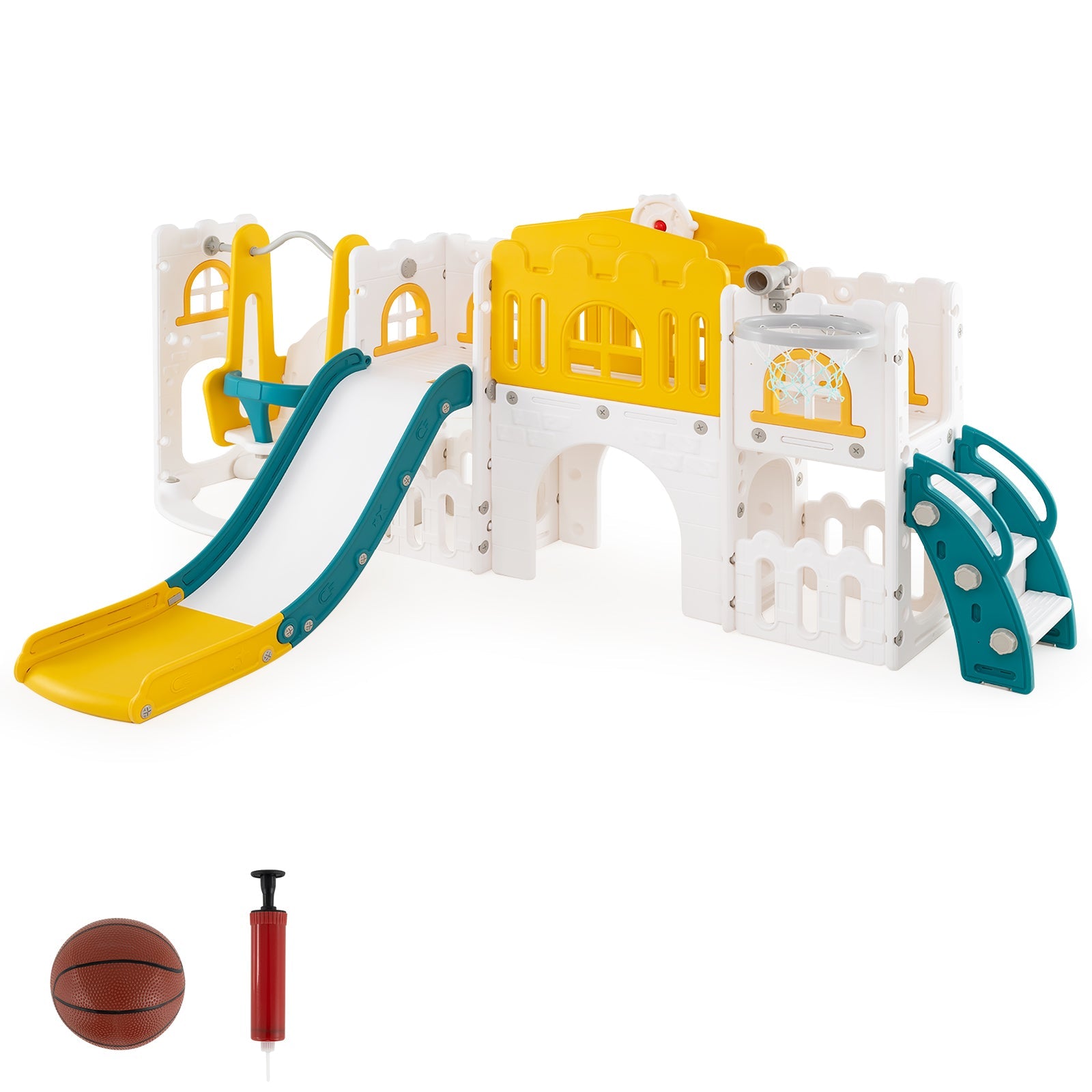 10-in-1 Toddler Swing and Slide Set Climber Playset with Basketball Hoop-Pink