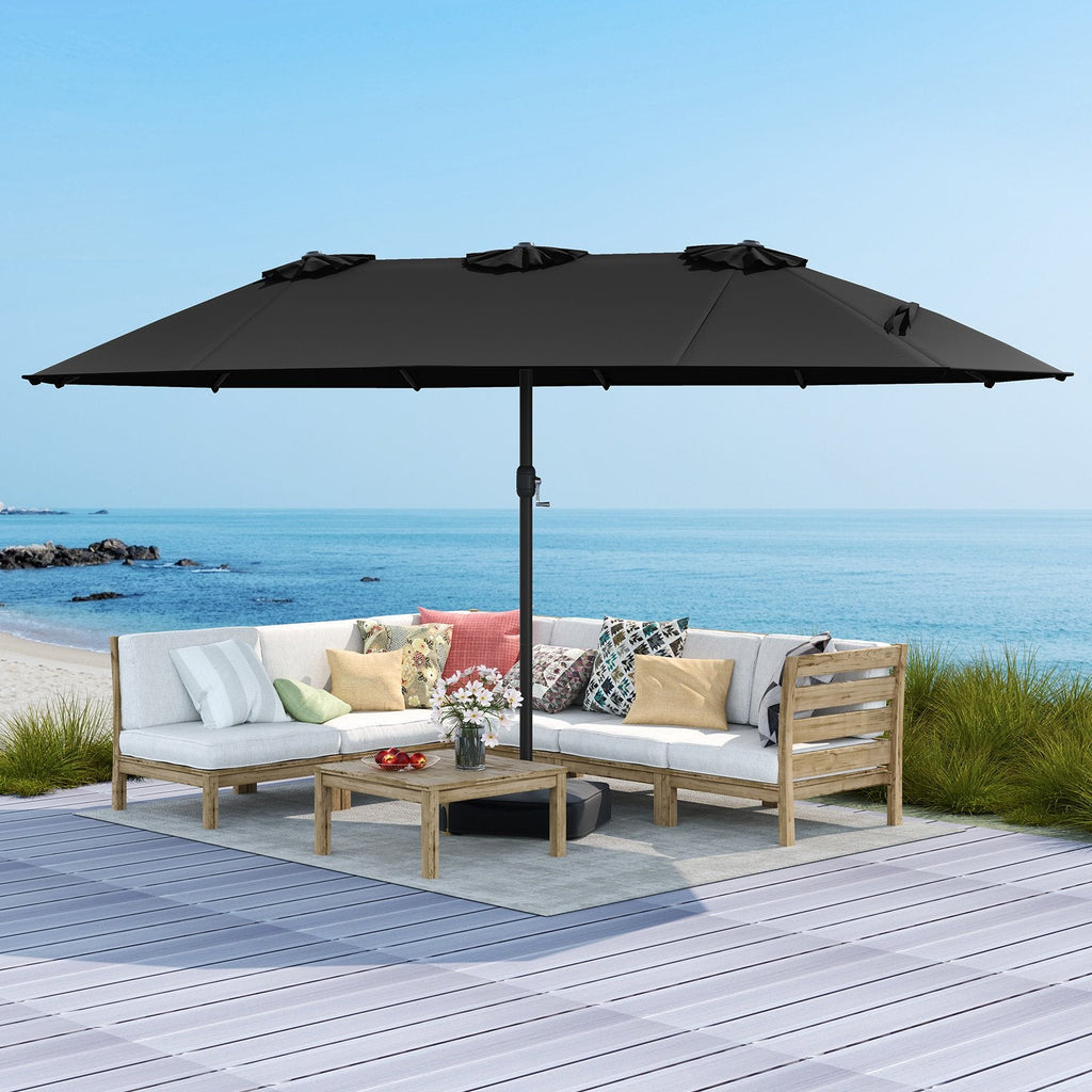 15 Feet Double-Sided Twin Patio Umbrella with Crank and Base Coffee in Outdoor Market-Beige